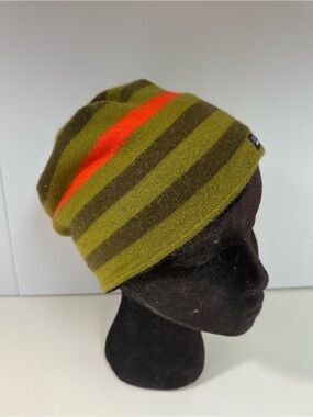 Patagonia Striped Olive Green & Orange Knit Beanie